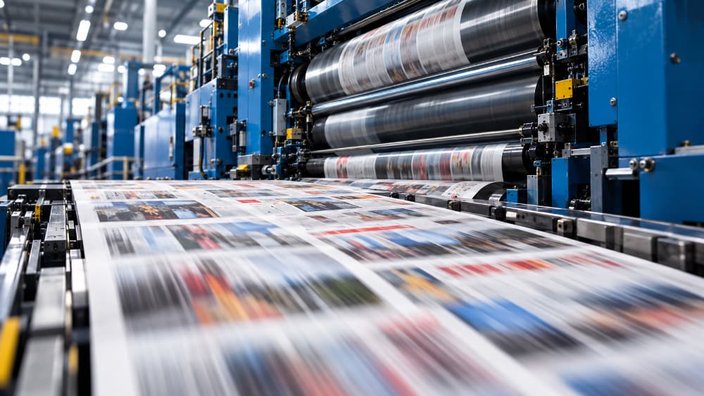 Publicaciones a color en una prensa de impresión rotativa.