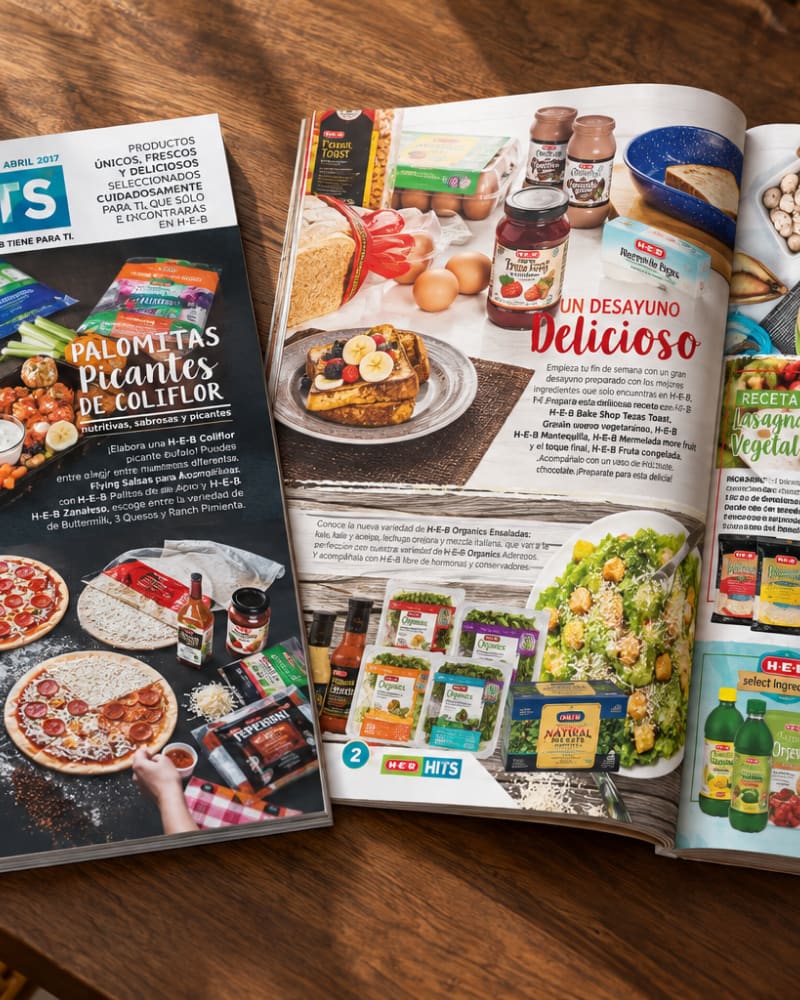 Publicación H-E-B Hits abierta, con fotografías de alimentos, productos y recetas.